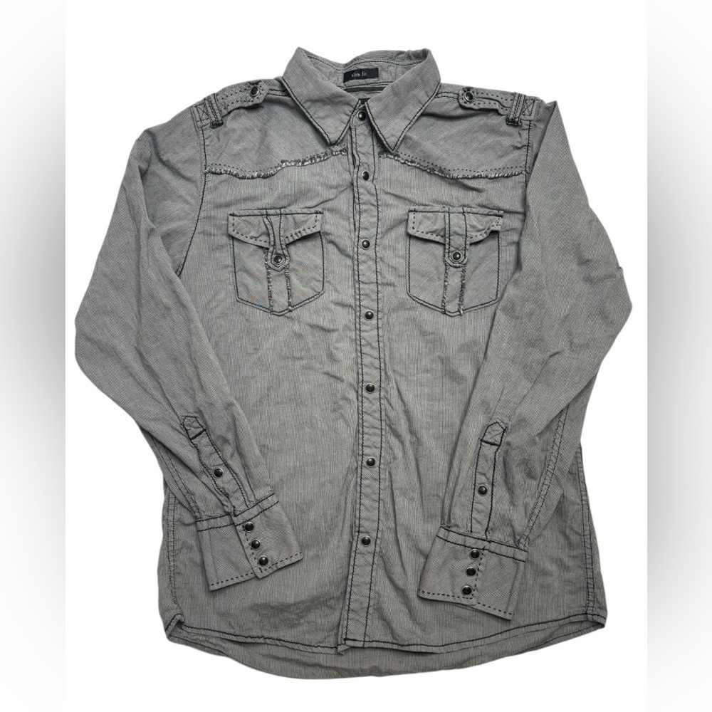 BKE Men’s Pearl Snap Button Up Long Sleeve Grey Striped Shirt Slim Fit Medium